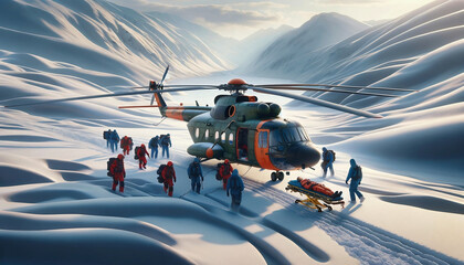 Rescue helicopter in action in the mountains  - obrazy, fototapety, plakaty