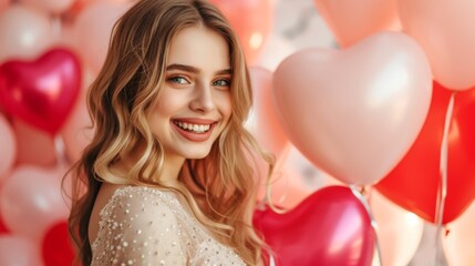 Fototapeta na wymiar A smiling young woman with wavy long hair in a beautiful evening dress stands next to a heart-shaped balloons, festive background, Valentine's Day celebration