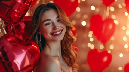 Obraz na płótnie Canvas A joyous young woman with cascading wavy hair in a sparkling evening dress surrounded by heart-shaped balloons on a festive background