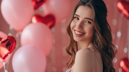 Obraz na płótnie Canvas A smiling young woman with wavy long hair in a beautiful evening dress stands next to a heart-shaped balloons, festive background, Valentine's Day celebration