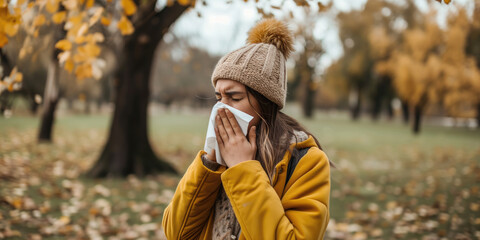 woman sneezes into handkerchief outdoors 