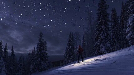  a couple of people standing on top of a snow covered slope under a night sky filled with stars and the stars above them are trees and snow covered in the foreground.