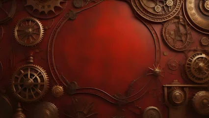 Deurstickers Donkerrood Red steampunk themed background. AI Generated