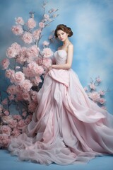 Woman in Enchanting Floral Gown Under Cherry Blossoms
