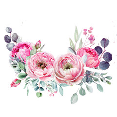 Watercolor floral illustration with multicolor style. Pink flowers and eucalyptus greenery bouquet. Dusty roses, soft light blush peony - border, wreath, frame. 