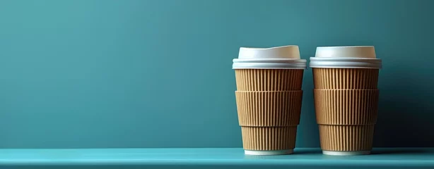 Foto auf Acrylglas Kaffee Bar Two paper coffee cups on a blue background