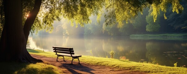 bench in green park in summer beautiful nature landscape by lake
