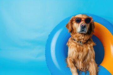 A golden retriever dog wearing sunglasses and an inflatable swimming circle on a blue background.