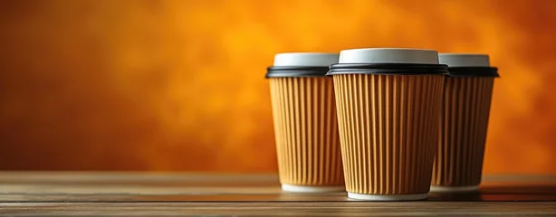 Tuinposter Koffiebar Three paper coffee cups on wooden table against blurred orange background, closeup