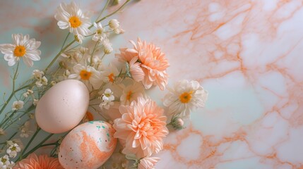  a bouquet of flowers and eggs on a marble surface with orange and white speckles and white daisies on the side of the marble slab of the table.