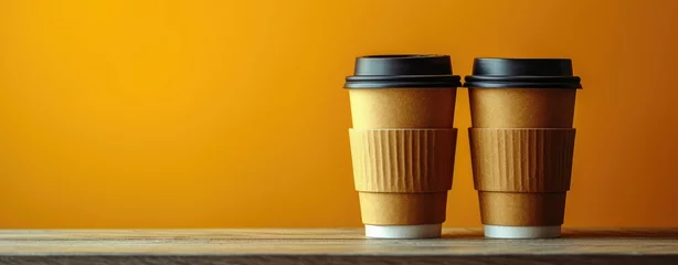 Fotobehang Coffee to go in paper cups on wooden table and orange background © foto.katarinka