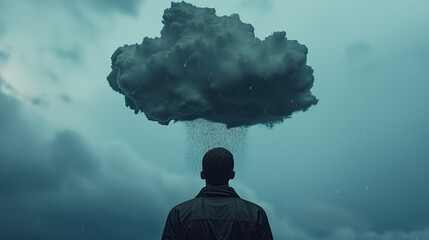Having a black cloud hanging over your head- raining cloud over man - concept for depression - obrazy, fototapety, plakaty