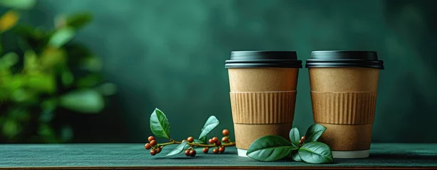 Rolgordijnen Koffiebar Coffee paper cups with green leaves on a green background