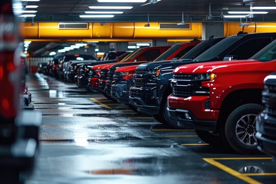 A vibrant row of cars, with their shiny wheels and red exteriors, parked in a bustling parking garage at a car dealership © Milos
