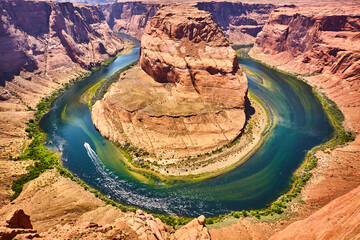 Aerial View of Horseshoe Bend and Colorado River with Boat