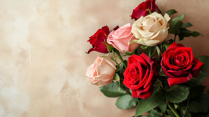 banner or card for March 8, roses close-up on a white background with free space and place for text