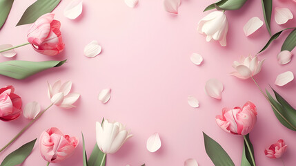 banner or card for March 8th frame of pink flowers close-up with free space and place for text on a pink background