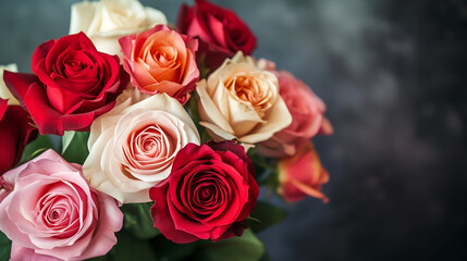 Naklejka premium banner or card for March 8, roses close-up with free space and place for text on a dark background