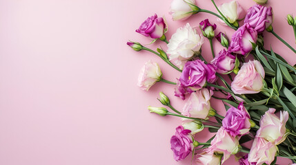 Fototapeta na wymiar banner for March 8th lisianthus on a pink background with free space and place for text