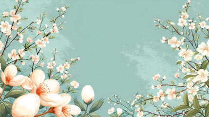 banner or card for March 8, cherry flowers on a branch on a blue background with free space and place for text