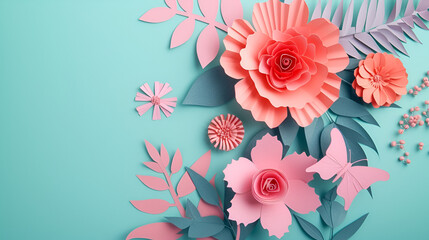 postcard decor made of paper flowers on a blue background with free space and place for text