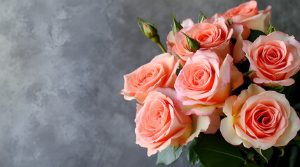 banner or card for March 8, roses close-up on a gray background with free space and place for text