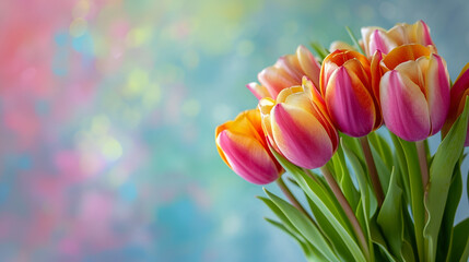banner or card for March 8, tulips close-up with free space and place for text