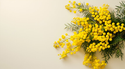 banner or card for March 8, close-up mimosa with free space and place for text on a light background