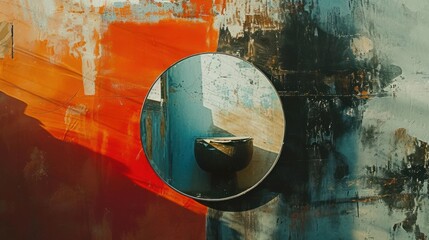  a round mirror mounted to the side of a wall next to a wall with a painting of an orange and blue wall and a round mirror on the side of the wall.