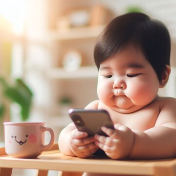 A chubby-cheeked baby examines a smartphone intently, seated at a table with a whimsically designed cup.
