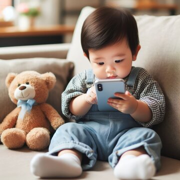 A toddler in a checkered shirt focuses on a smartphone with a teddy bear companion, blending playtime with technology.