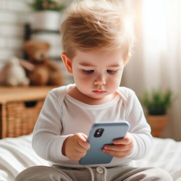 A young child with a thoughtful expression is fully engaged with a smartphone, possibly learning or playing in a domestic setting.
