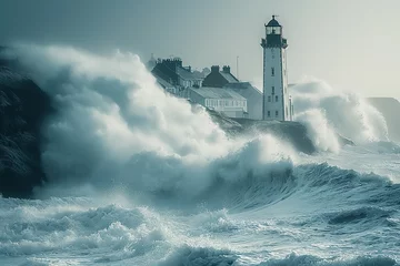 Foto op Plexiglas A solitary lighthouse stands tall amidst the crashing waves, bravely safeguarding ships navigating treacherous waters. © Joaquin Corbalan