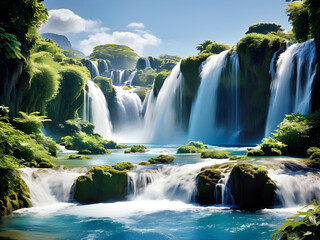 AI generative image: Visualize waterfalls of brilliant blue hues cascading down, creating pools of light and shadow.