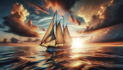 large sailboat in the sunset on the sea - obrazy, fototapety, plakaty