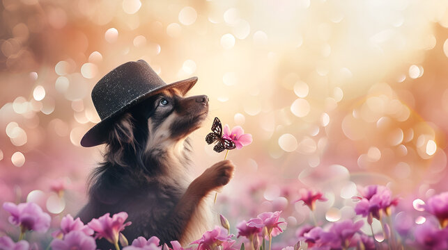 banner or card for birthday or March 8, dog in a hat with a butterfly and bokeh with free space and place for text on a light background with flowers