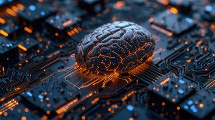 A digital brain illuminated on a circuit board, representing the complex and advanced concept of artificial intelligence and machine learning.