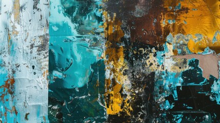  an abstract painting of blue, yellow, and green colors with a brown arrow on the left side of the painting and a brown arrow on the right side of the painting.