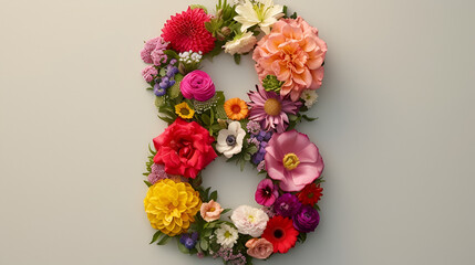 banner for March 8, number eight made of flowers on a white background with free space place for text