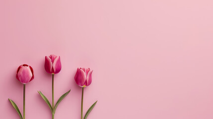 Drei rosane Tulpen nebeneinander auf rosanem Hintergrund. - obrazy, fototapety, plakaty