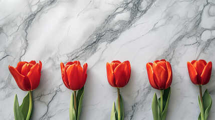 Fünf rote Tulpen nebeneinander auf weiß-grauem Marmorhintergrund. - obrazy, fototapety, plakaty