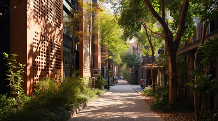 Fototapeta premium a city street lined with tall buildings and lots of greenery on both sides of the street is lined with tall buildings and lots of greenery on both sides of the street.
