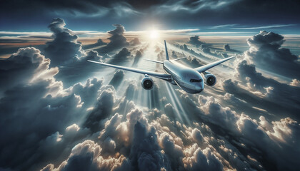 passenger plane above the clouds - obrazy, fototapety, plakaty