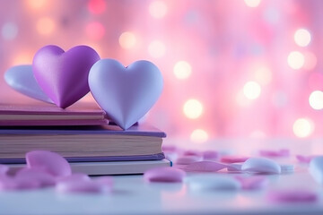 Open book with two hearts in pastel pink and blue. The concept of romantic poetry, stories, Valentine's Day and gift books.