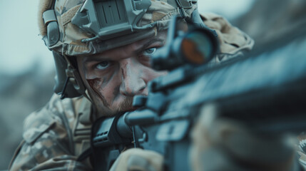 War's Grip: Intense Soldier Holding Rifle Receives Looks Through Scope in Full Gear