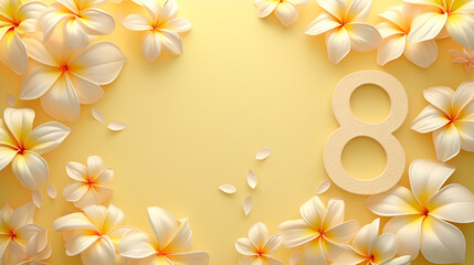 cover for the site for the eighth of March number 8 in a frame of plumeria on a pink background with free space and place for text