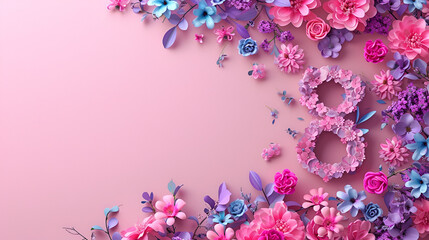 banner for the eighth of March number 8 made of flowers on a lilac background with free space and place for text