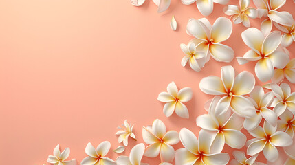Fototapeta na wymiar holiday banner for a day of silence in Bali, white plumeria on peach background with place for text and free space