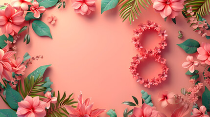 Obraz premium banner for the eighth of March number 8 made of flowers on a pink background with free space and place for text