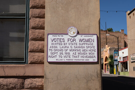 Bisbee, AZ - Oct. 10, 2021: Laura Gregg Cannon, an American lecturer and organizer in the women's suffrage movement, spoke to a crowd of working men here September 26, 1912.